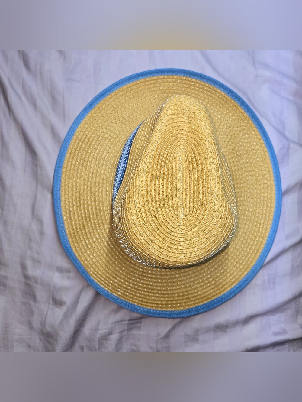 Kettle Fedora Hat Yellow Straw Blue Brim Edge Blue Striped Band Art Class OSFM P